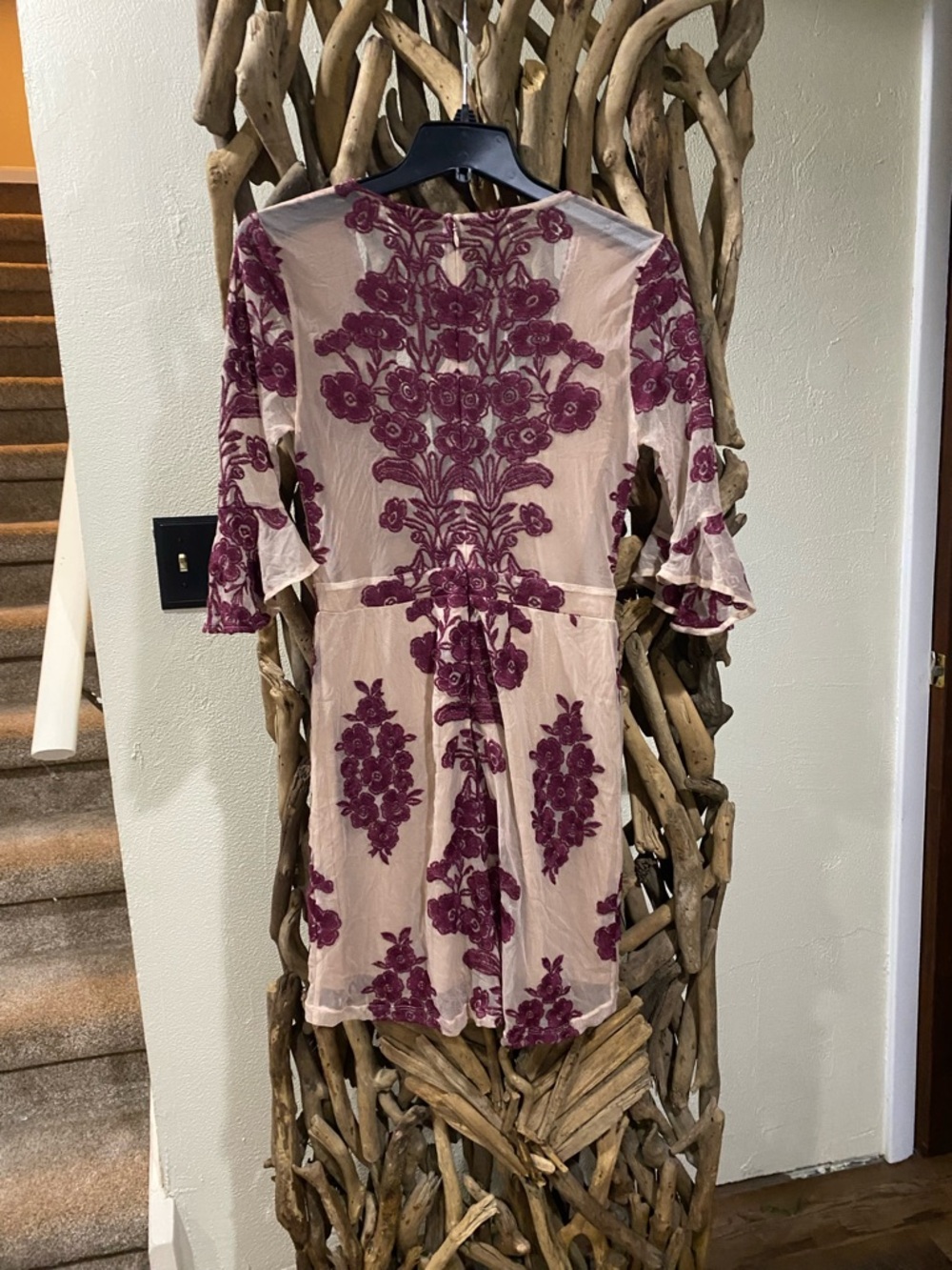 For Love & Lemons Cream Mini Dress with Plum Floral Embroidery